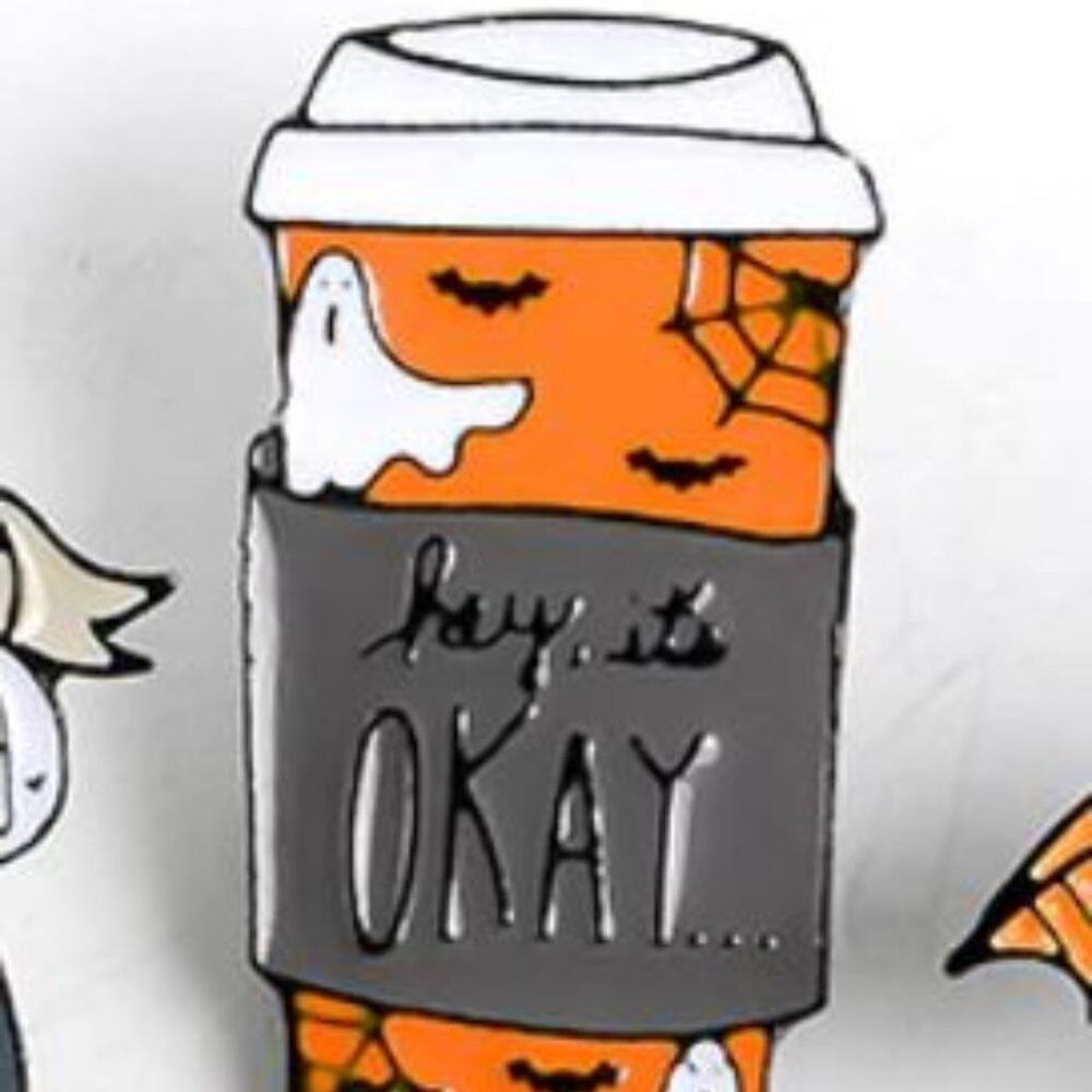 Pumpkin Latte Coffee To Go Cup Halloween It's Okay Pin Brooch